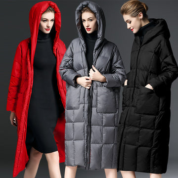 Hooded Down Jacket Women Long Coat – Thickened Warm 90% White Duck Down Winter Style