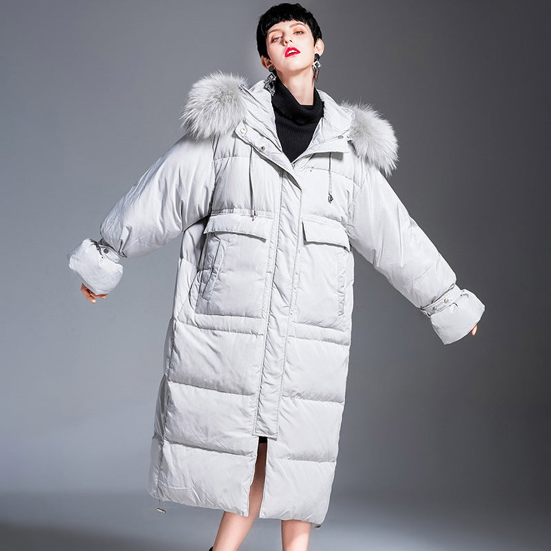 Down Jacket Women’s 90% White Duck Down Mid-Length Coat with Rabbit Fur Hood