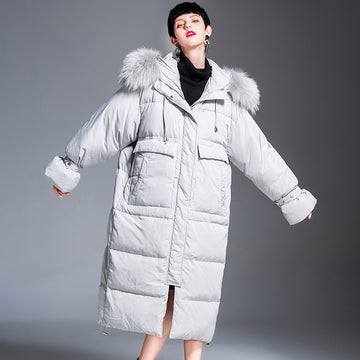 Down Jacket Women’s 90% White Duck Down Mid-Length Coat with Rabbit Fur Hood