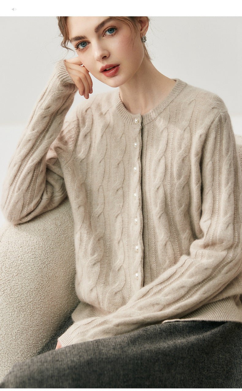 Chic Cashmere Cardigan – Pearl Button Heavy Braided Knit - Sainiya Eco Wear