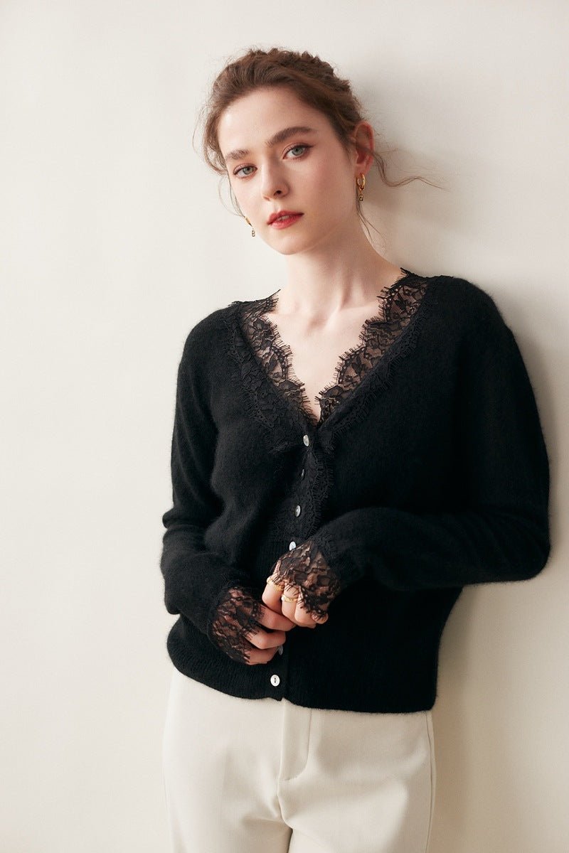 SoftLace — Women’s Baby Cashmere Lace-Trim V-Collar Cardigan - Sainiya Eco Wear