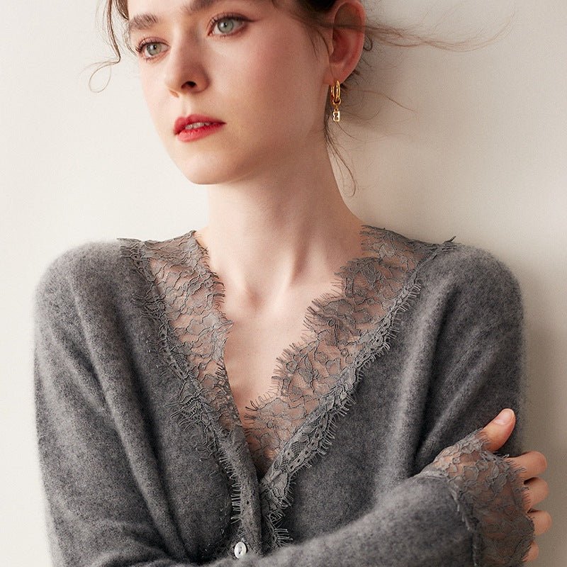 SoftLace — Women’s Baby Cashmere Lace-Trim V-Collar Cardigan - Sainiya Eco Wear