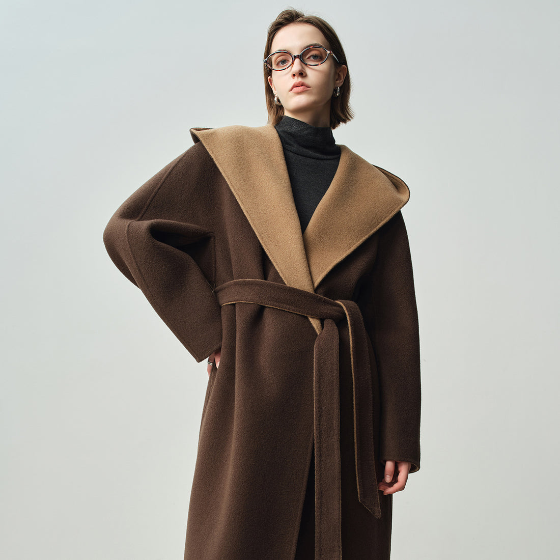 Stylish Long Wool Cashmere Coat for Women – Cozy Double-Sided Hooded Outerwear for Autumn & Winter