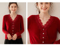 SoftLace — Women’s Baby Cashmere Lace-Trim V-Collar Cardigan - Sainiya Eco Wear