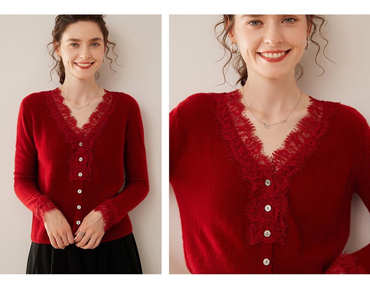 SoftLace — Women’s Baby Cashmere Lace-Trim V-Collar Cardigan - Sainiya Eco Wear