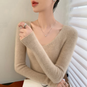 Cashmere Seamless V-Neck Sweater – Soft Pull-String Slimming Fit for Women