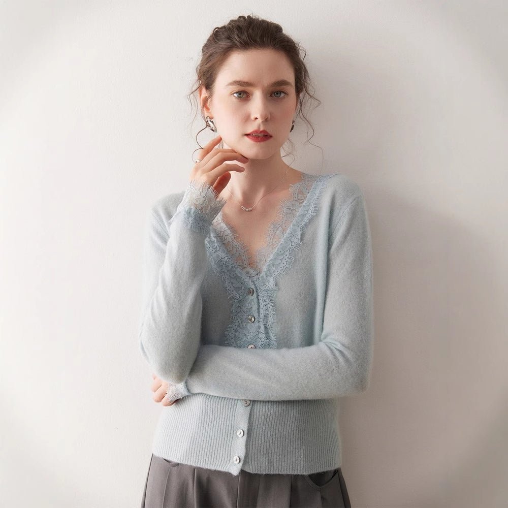 SoftLace — Women’s Baby Cashmere Lace-Trim V-Collar Cardigan - Sainiya Eco Wear