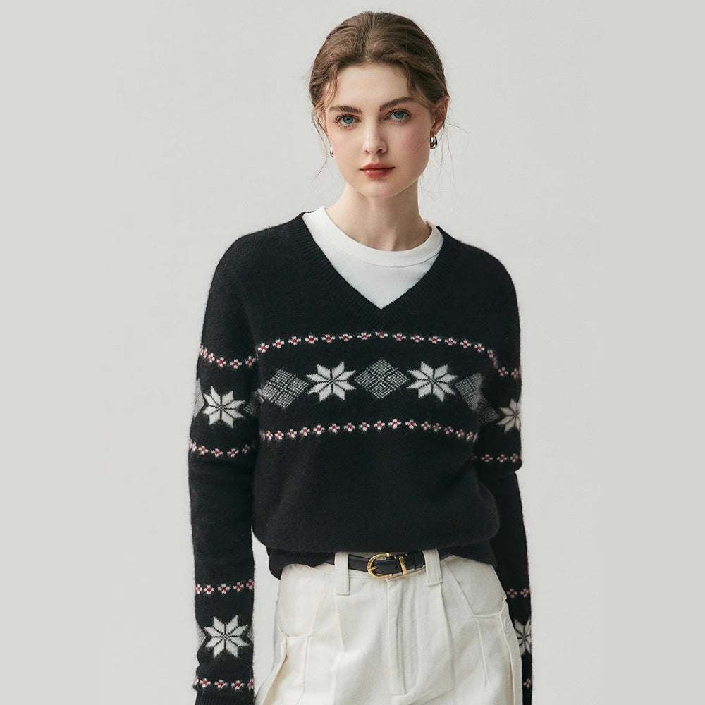 Cashmere Fair Isle Snowflake V-Neck – Cozy Nordic Dream
