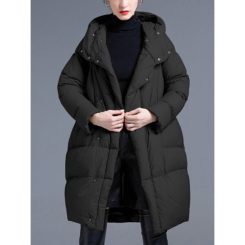Down Jacket Women Mid-Length Coat – Thickened Warm Loose Fit White Duck Down