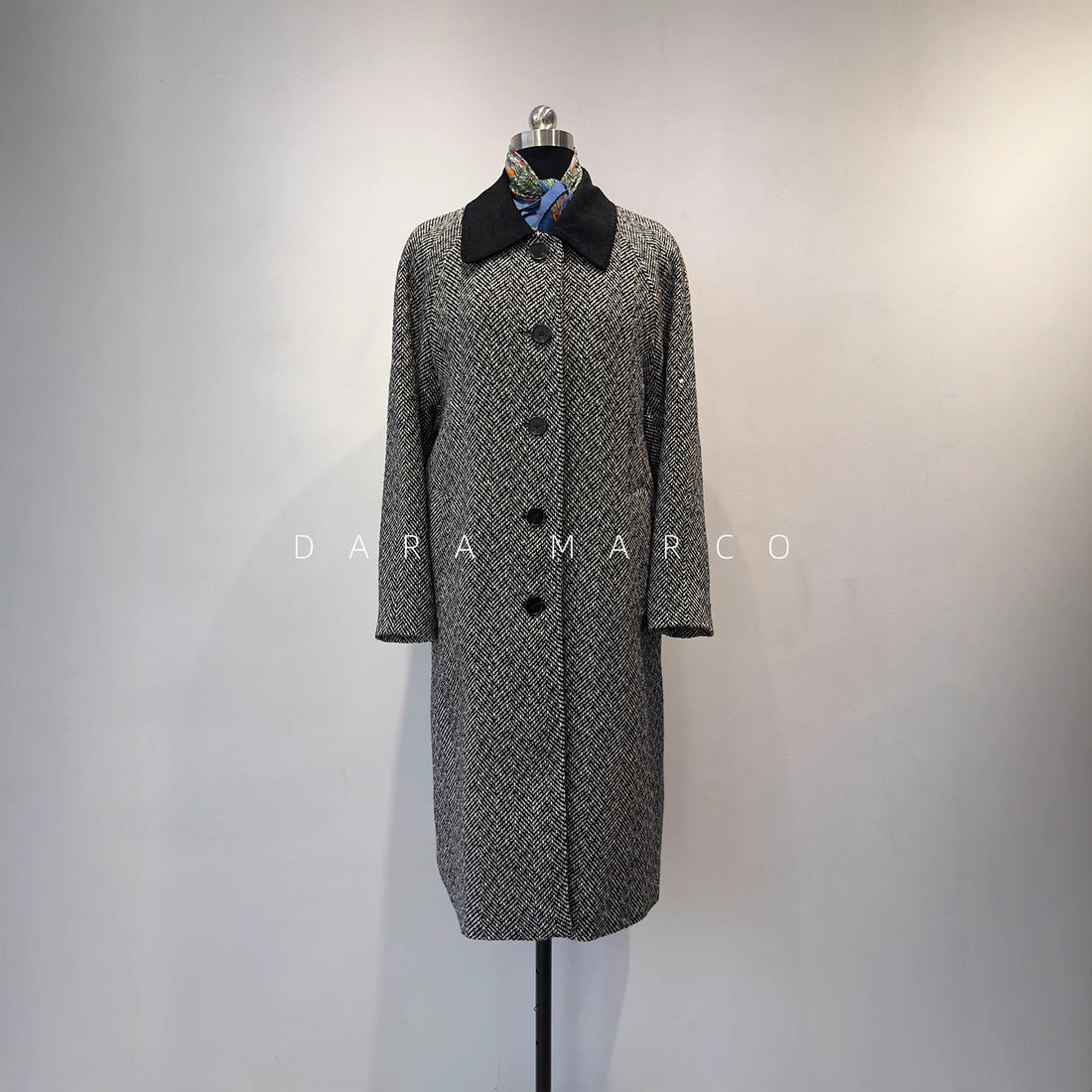 Herringbone Tweed Wool Blend Long Coat – Elegant Fall/Winter Jacket