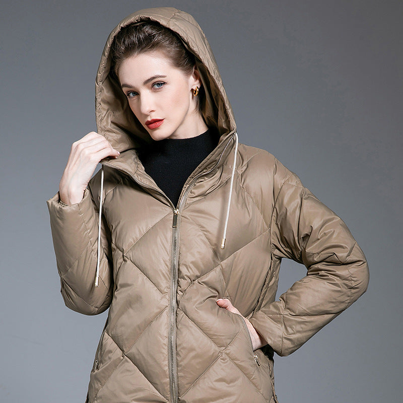 Down Jacket Women’s Winter Mid-Length Coat – Lightweight 90% White Duck Down Diamond Pattern Style