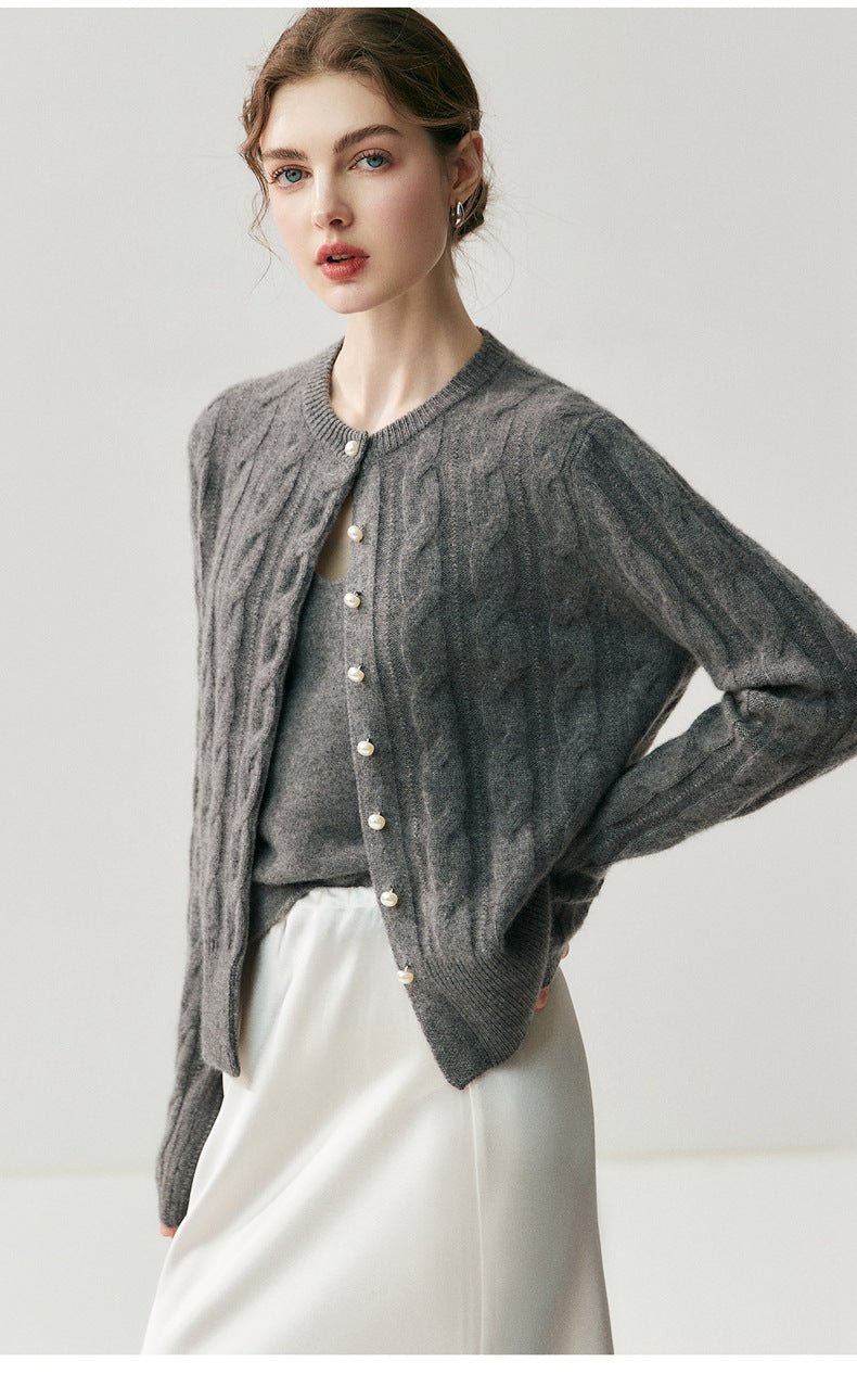Chic Cashmere Cardigan – Pearl Button Heavy Braided Knit - Sainiya Eco Wear