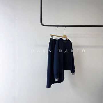 Warm Wool-Blend Navy Set — Cozy Sweatshirt & A-Line Midi Dress