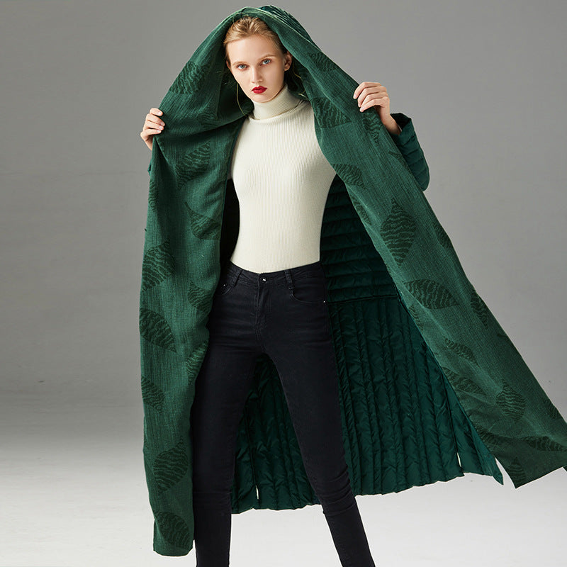 Down Jacket Women’s Long Coat – 90% White Duck Down Thickened Hooded Cinched-Waist Style