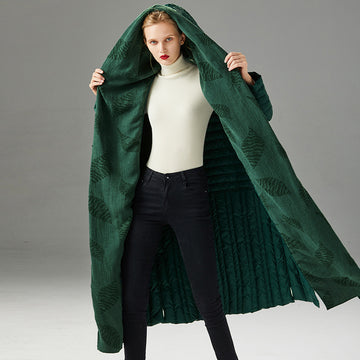 Down Jacket Women’s Long Coat – 90% White Duck Down Thickened Hooded Cinched-Waist Style