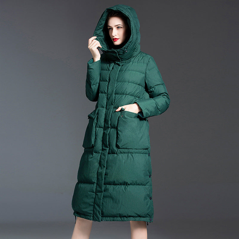 Down Jacket Women’s Hooded Long Coat – Thickened 90% White Duck Down Winter Style
