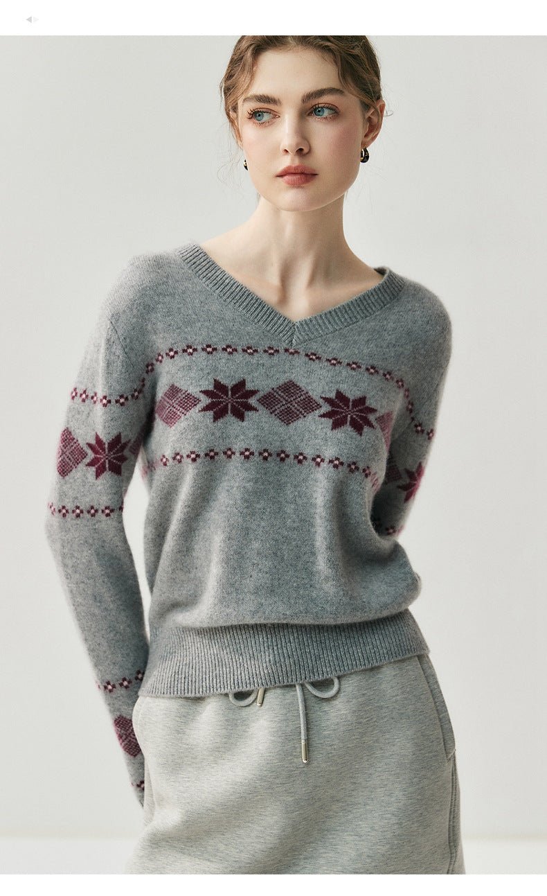 Cashmere Fair Isle Snowflake V-Neck – Cozy Nordic Dream - Sainiya Eco Wear