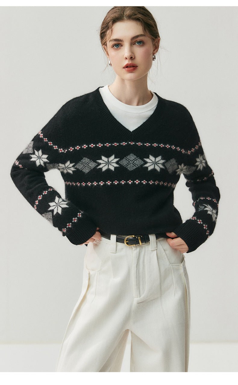 Cashmere Fair Isle Snowflake V-Neck – Cozy Nordic Dream - Sainiya Eco Wear