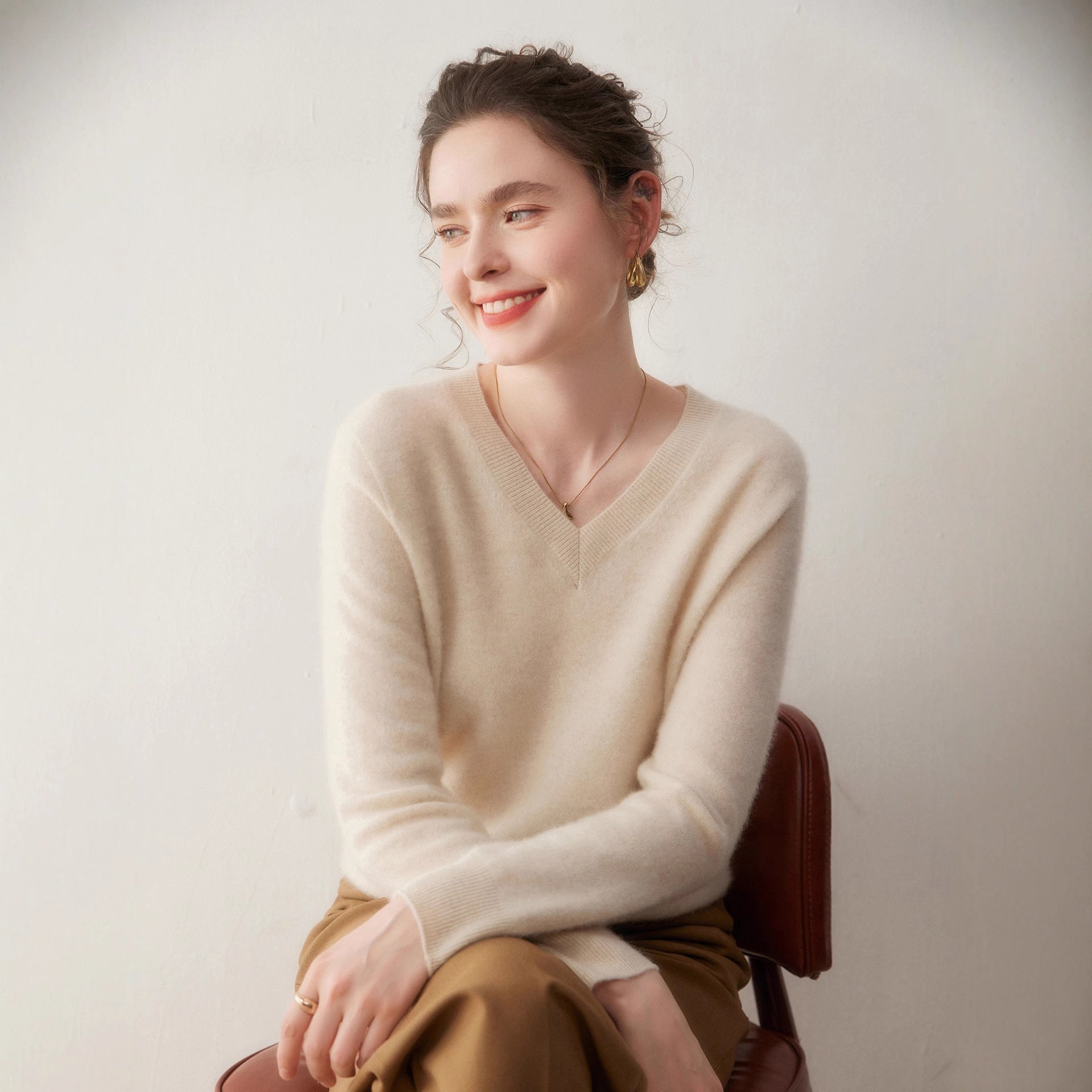 Cashmere V-Neck Women’s Knit Top – Soft, Warm, Slimming Fall/Winter Layer - Sainiya Eco Wear