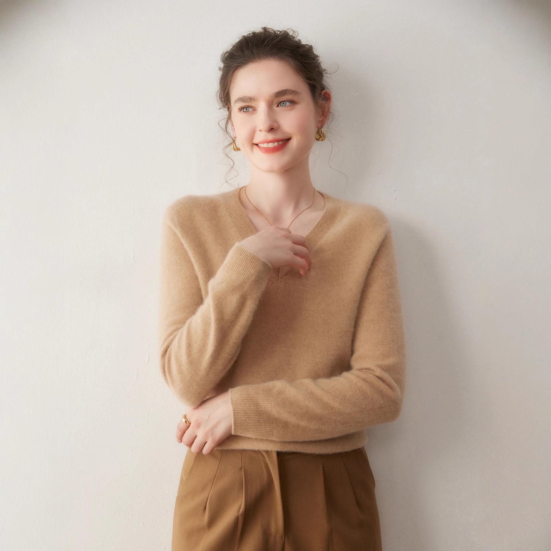 Cashmere V-Neck Women’s Knit Top – Soft, Warm, Slimming Fall/Winter Layer - Sainiya Eco Wear