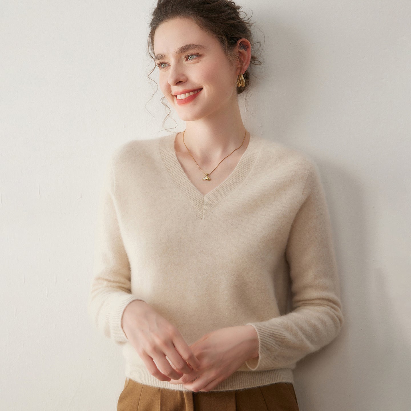 Cashmere V-Neck Women’s Knit Top – Soft, Warm, Slimming Fall/Winter Layer - Sainiya Eco Wear