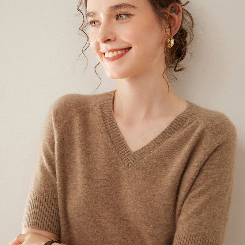 Cashmere V-Neck Women’s Sweater – 100% Pure Soft Knit Half-Sleeve Top - Sainiya Eco Wear
