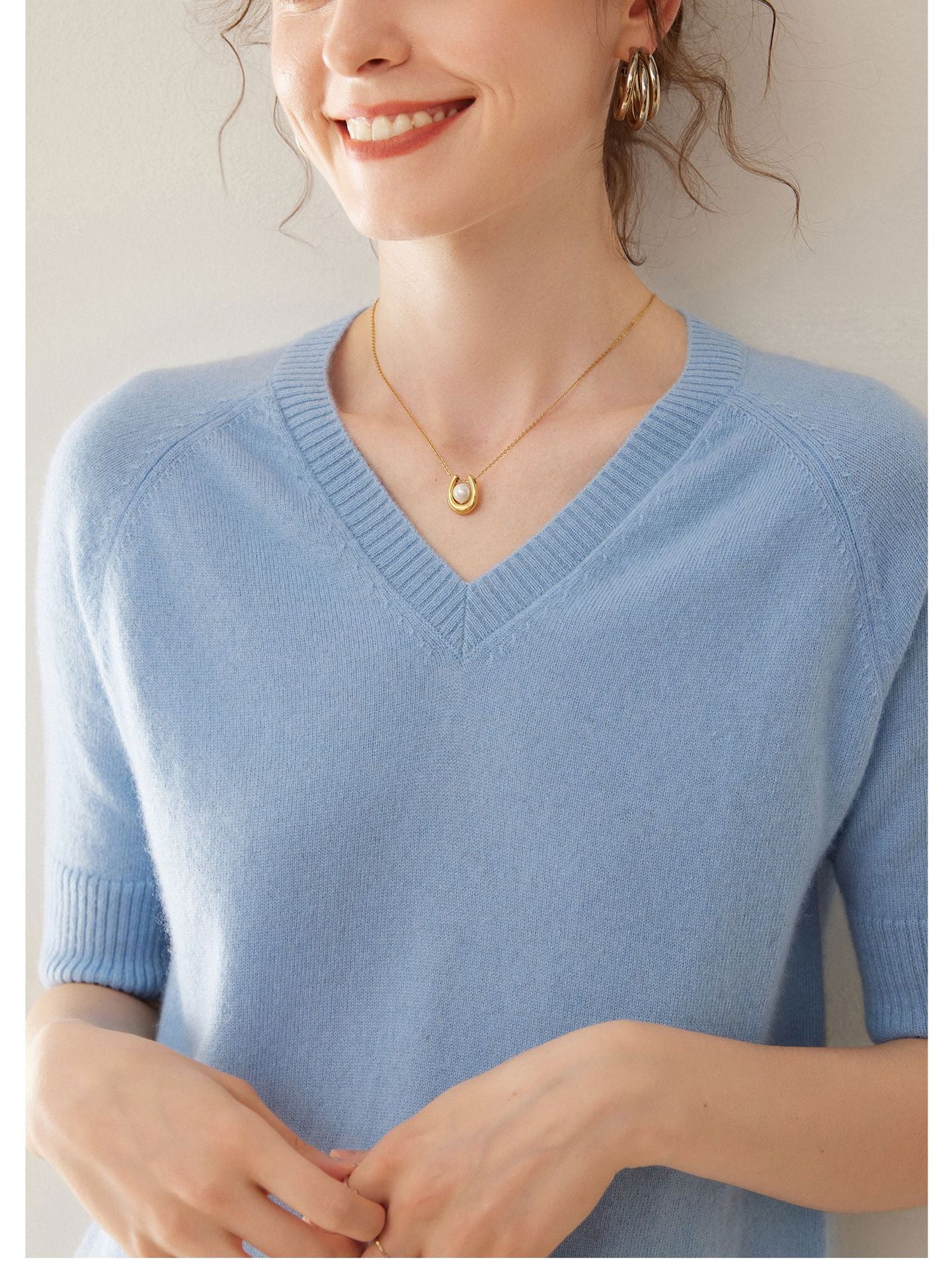 Cashmere V-Neck Women’s Sweater – 100% Pure Soft Knit Half-Sleeve Top - Sainiya Eco Wear