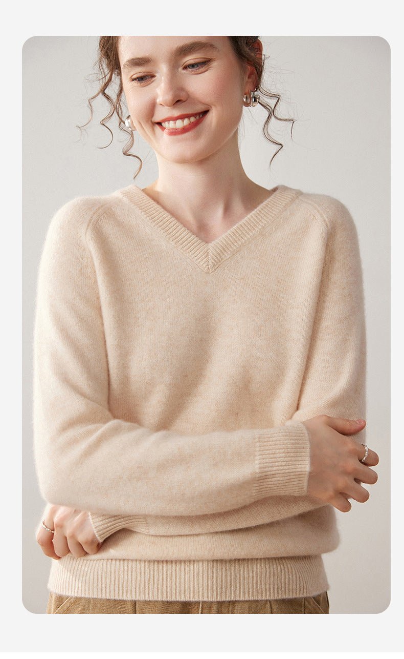 Cashmere V-Neck Women’s Sweater – 100% Pure Thick Knit Raglan Sleeve Top - Sainiya Eco Wear