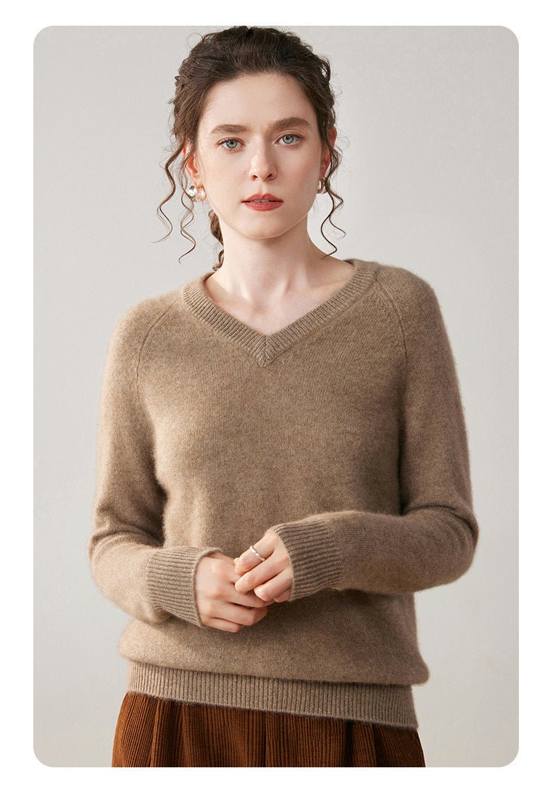 Cashmere V-Neck Women’s Sweater – 100% Pure Thick Knit Raglan Sleeve Top - Sainiya Eco Wear