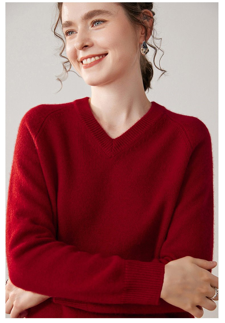 Cashmere V-Neck Women’s Sweater – 100% Pure Thick Knit Raglan Sleeve Top - Sainiya Eco Wear