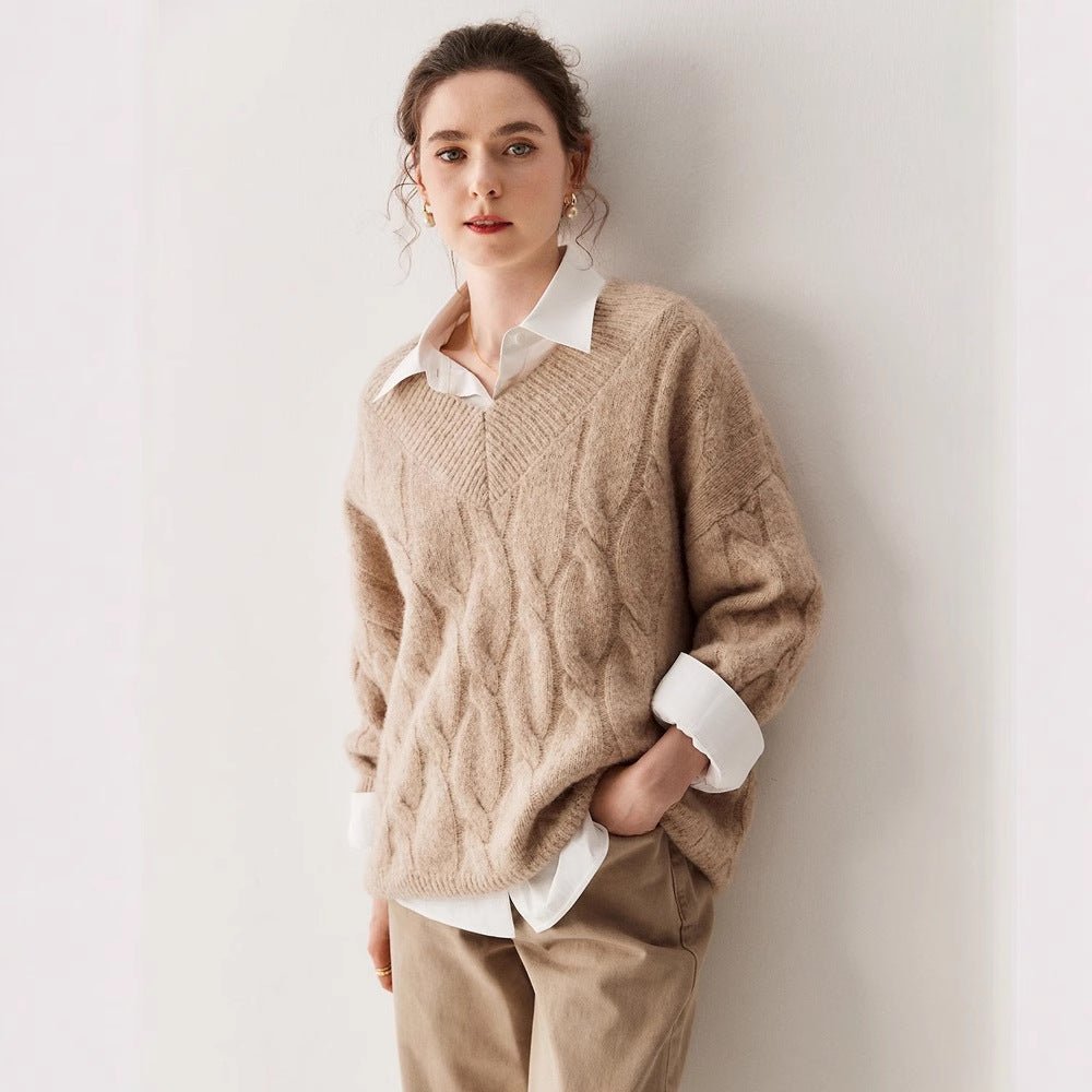 Cashmere-Yak Cable Knit V-Neck – Vintage Lazy Luxe - Sainiya Eco Wear