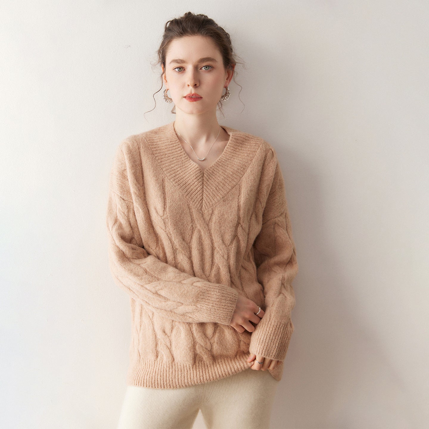 Cashmere-Yak Cable Knit V-Neck – Vintage Lazy Luxe - Sainiya Eco Wear