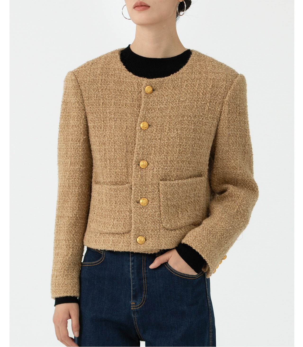 Premium Wool Tweed Short Coat – French Round-Neck Single-Breasted Jacket - Sainiya Eco Wear