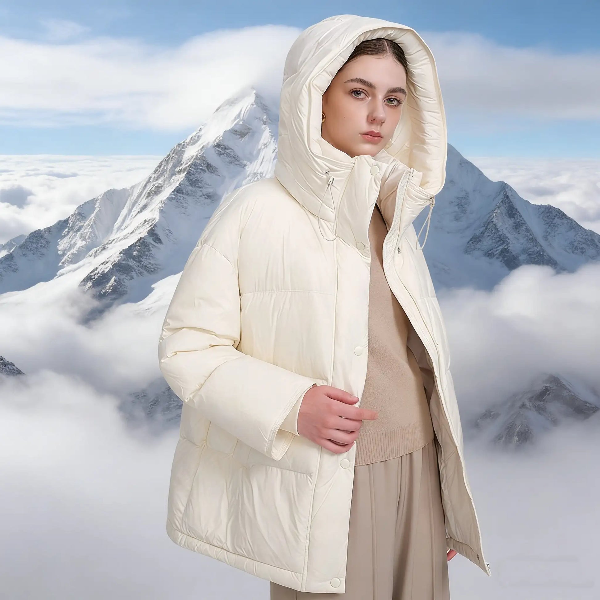 White Duck Down Jacket – Clean Winter Hoodie with Soft Structure - Sainiya Eco Wear