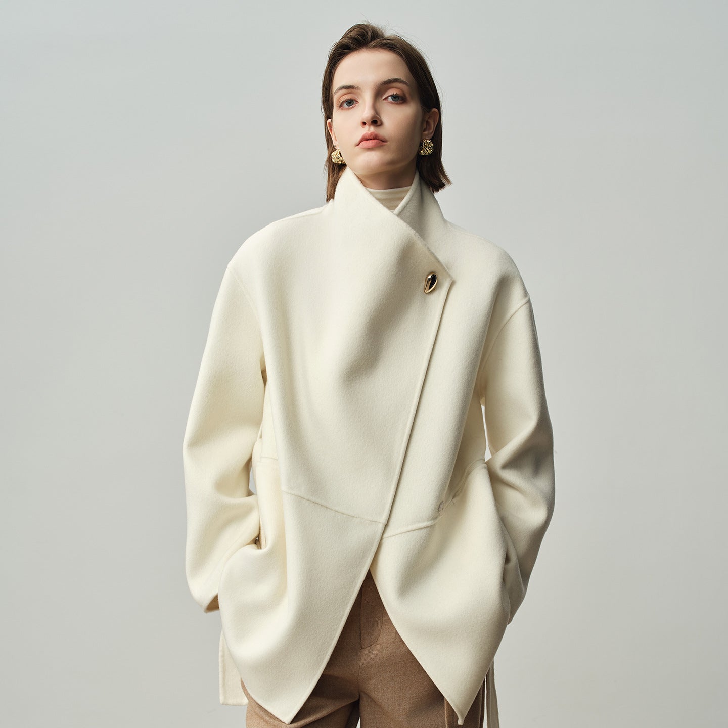 women irregular collar double-sided wool coat