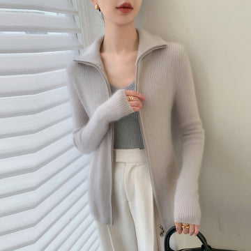Cashmere Cardigan – 100% Pure Cashmere Double Zipper Turn-Down Collar Jacket