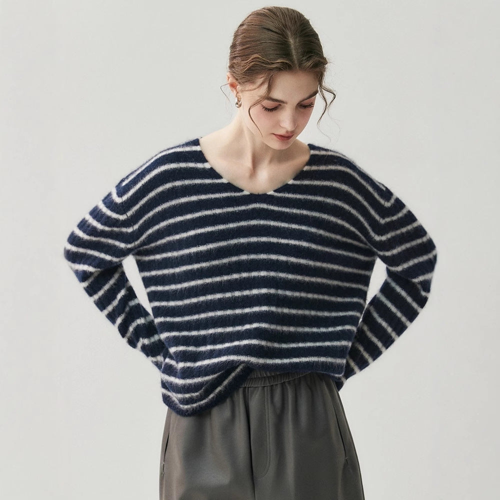 100% Pure Cashmere Striped V-Neck Women’s Sweater – Soft, Stretchy, Layerable Knit