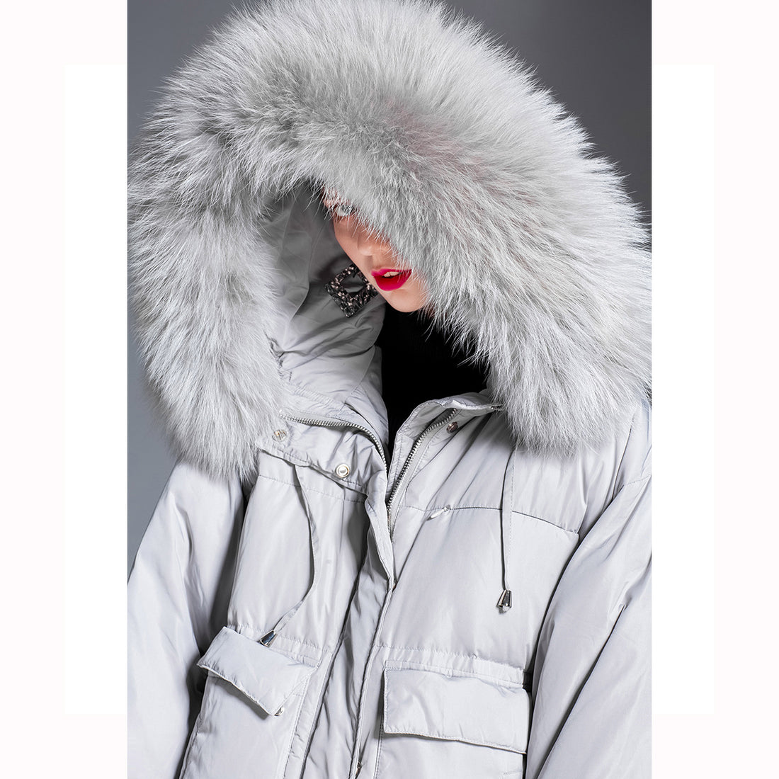Down Jacket Women’s 90% White Duck Down Mid-Length Coat with Rabbit Fur Hood