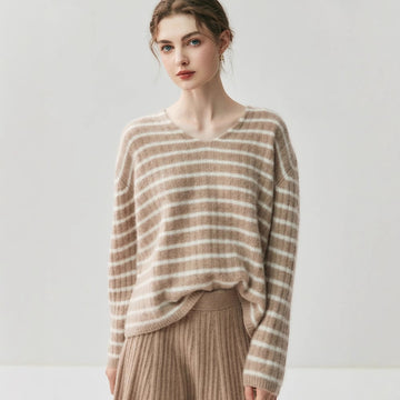 100% Pure Cashmere Striped V-Neck Women’s Sweater – Soft, Stretchy, Layerable Knit
