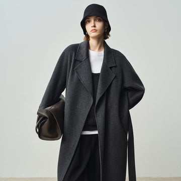 Cashmere Coat Women – Long Double-Sided Wool Tie Coat, Elegant Minimalist Overcoat