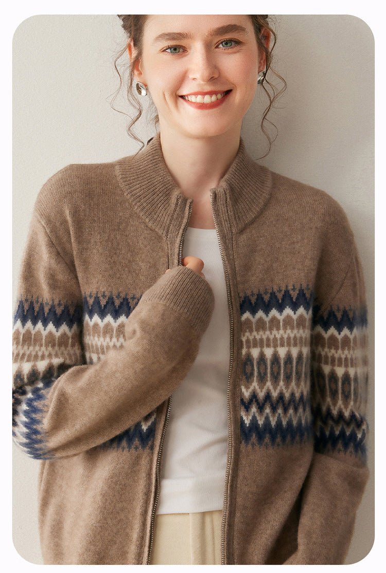 Cashmere Cardigan – Thickened 100% Cashmere Fair Isle Zip Sweater - Sainiya Eco Wear