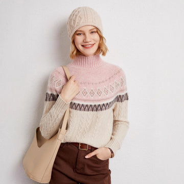 100% Pure Cashmere Retro Jacquard Half-Turtleneck – Thick Nordic Charm