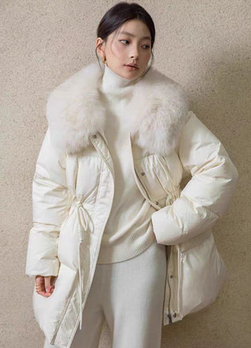High-End Fox Fur Collar, Waist-Cinching, Mid-Length, White Duck Down