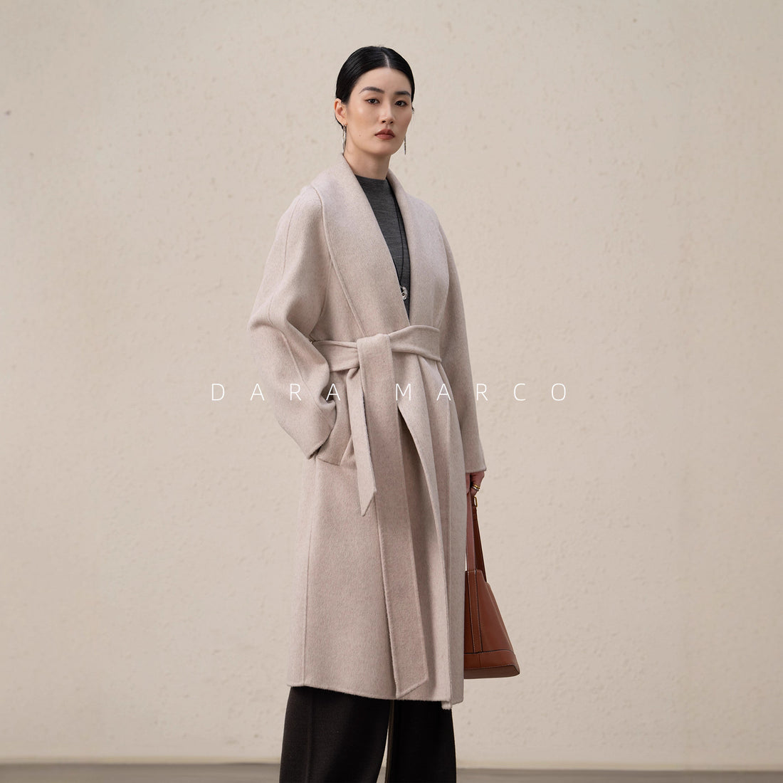 Double-Sided Cashmere Coat with Green Fruit Collar – Loose Fit Long Outerwear