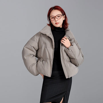 Korean Knit Collar White Duck Down Jacket – Short & Waist-Defining