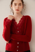 SoftLace — Women’s Baby Cashmere Lace-Trim V-Collar Cardigan - Sainiya Eco Wear