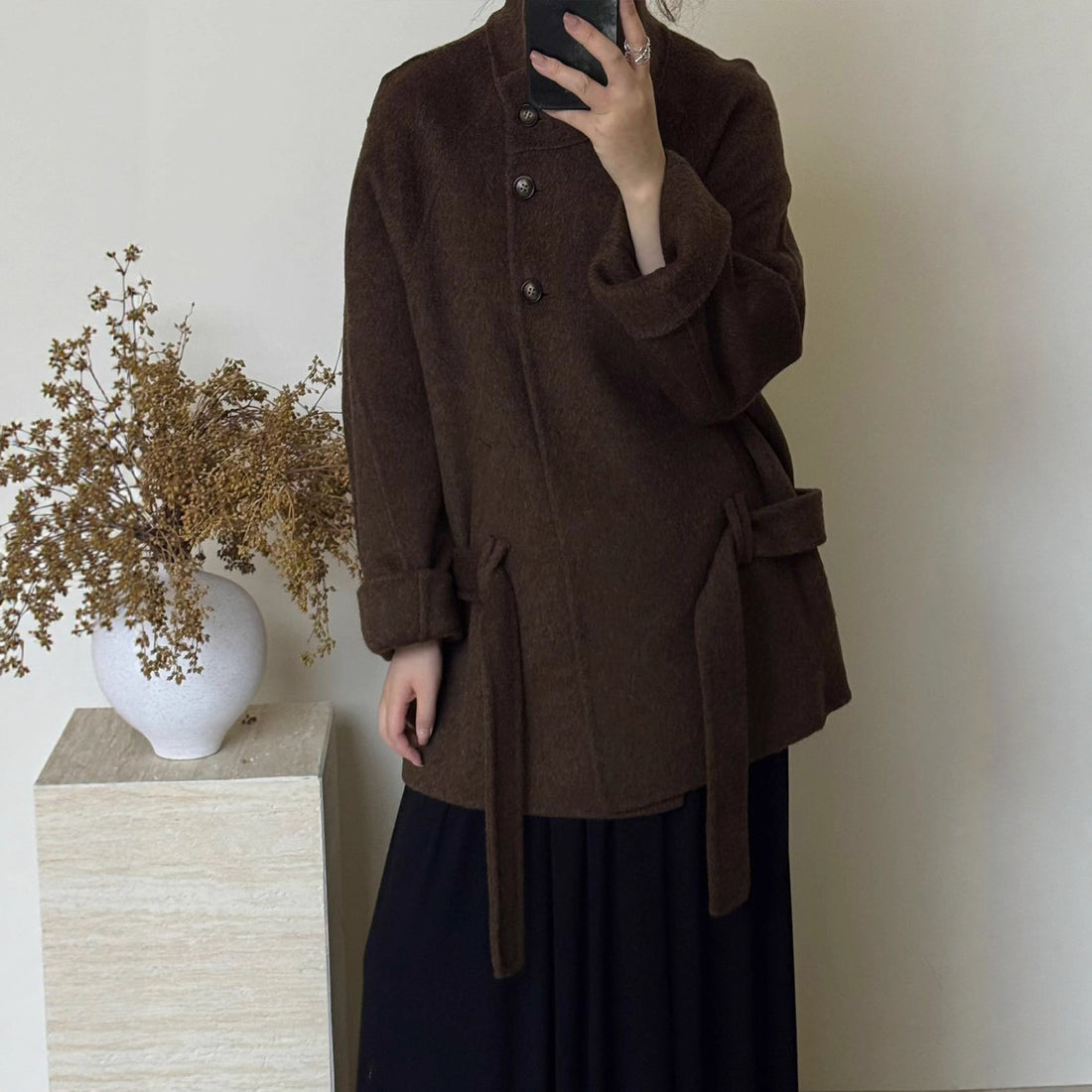 Women’s Double-Sided Wool Coat – Mid-Length Elegant Tie Waist Jacket, High-End Stand Collar Outerwear