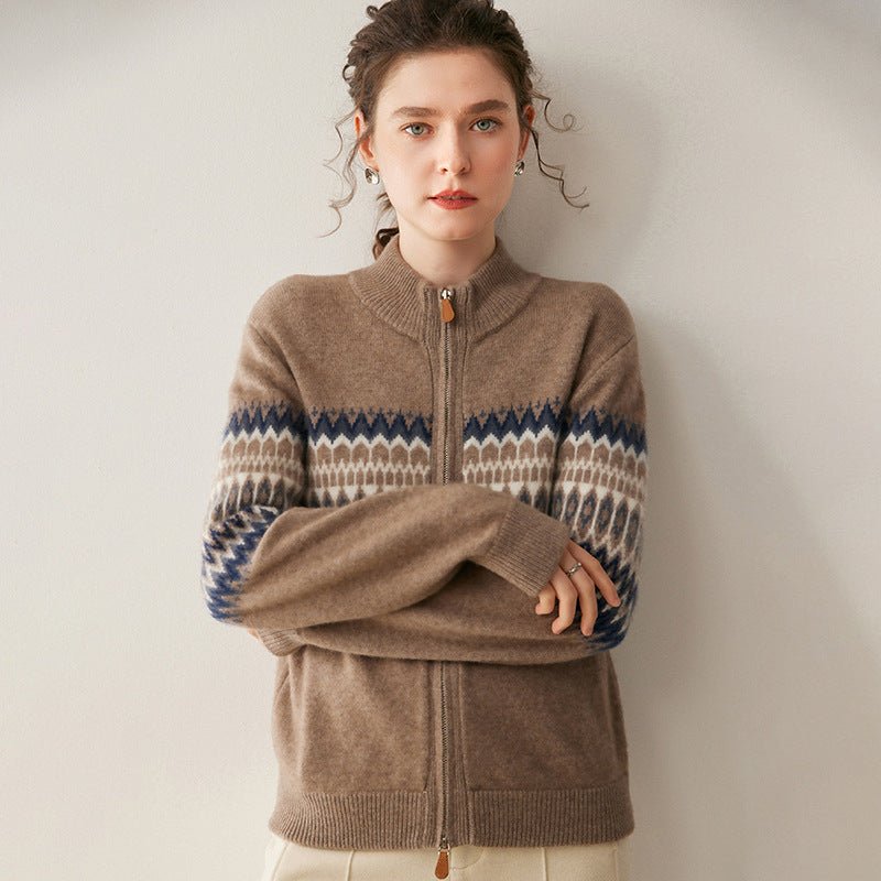 Cashmere Cardigan – Thickened 100% Cashmere Fair Isle Zip Sweater - Sainiya Eco Wear