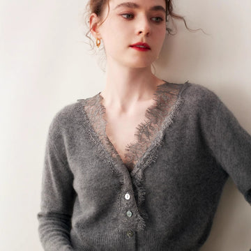 Cashmere Cardigan – French Lace V-Collar 100% Pure Cashmere Sweater
