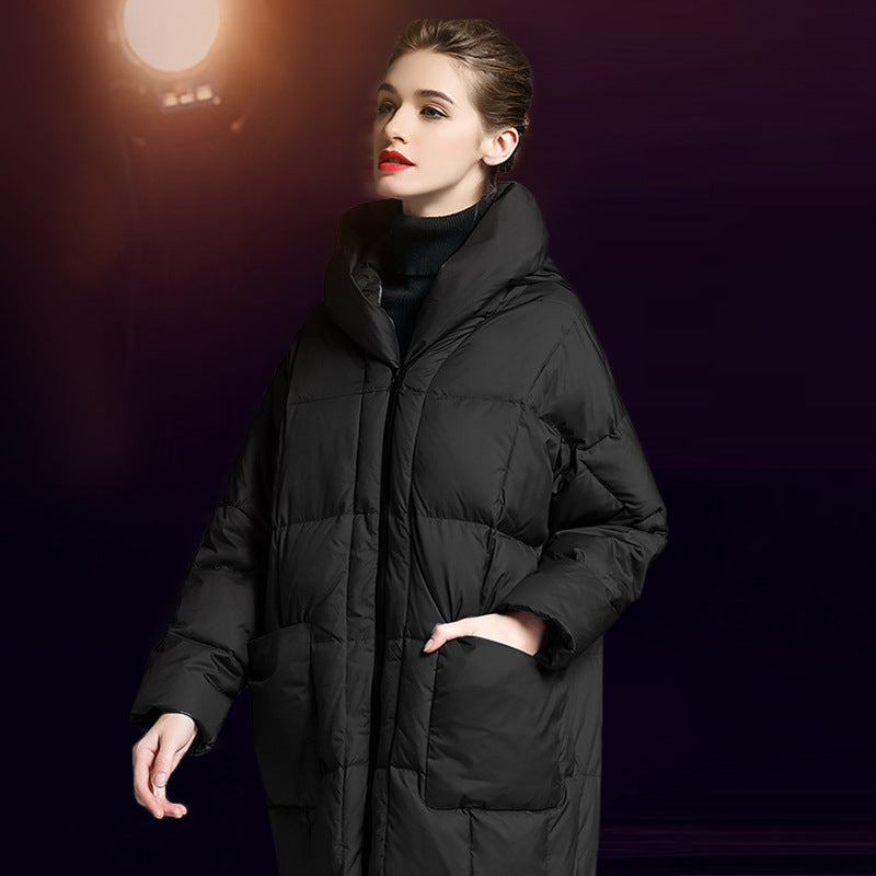 Women’s Long Hooded Down Jacket – Thickened 90% White Duck Down Winter Warmth, Trendy and Loose Fit